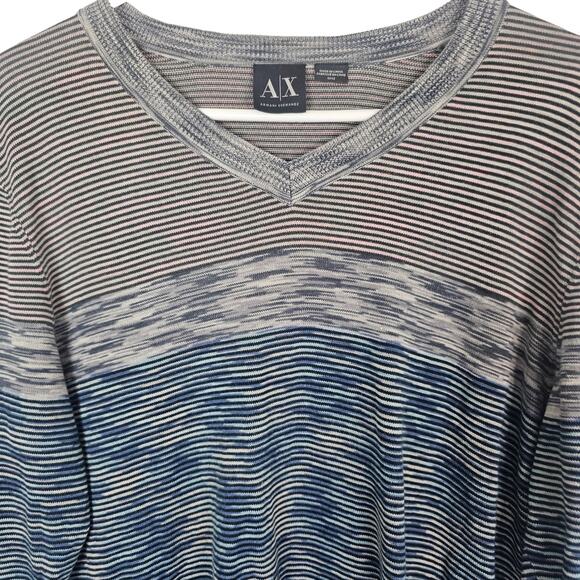 Armani Exchange Sweater Knit Sweater Mens M Gray Blue Striped Sweater V-Neck - Picture 2 of 8